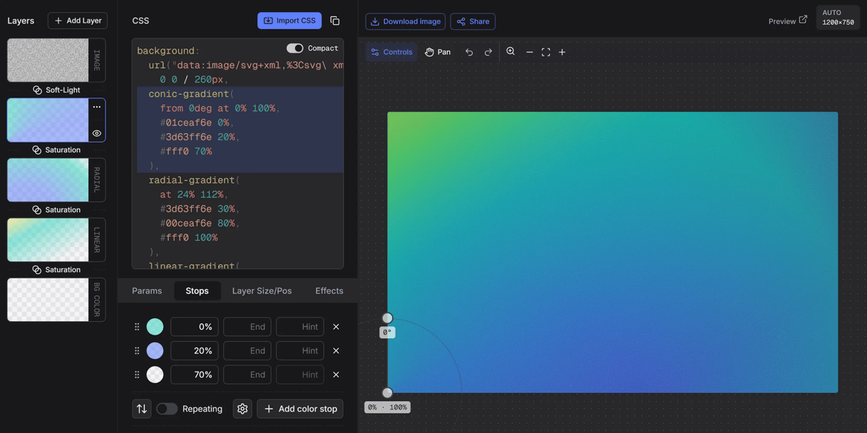 editor showing layered gradient backgrounds