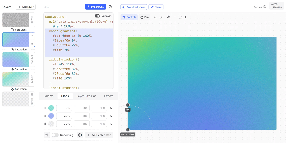 editor showing layered gradient backgrounds