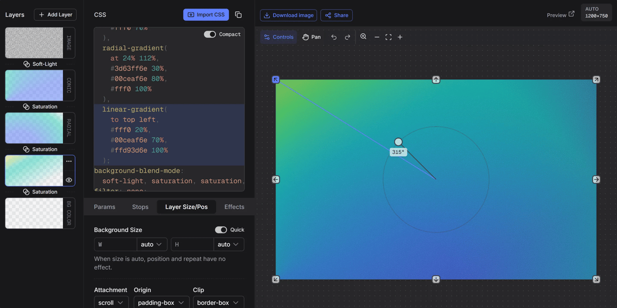 editor showing interactive linear gradient controls