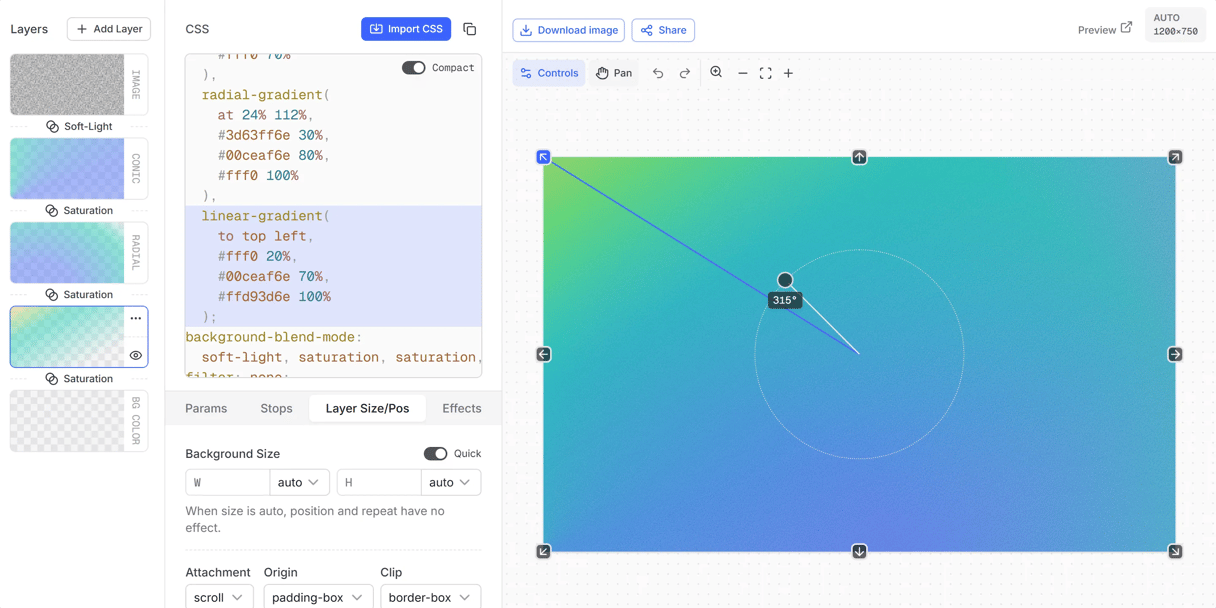 editor showing interactive linear gradient controls