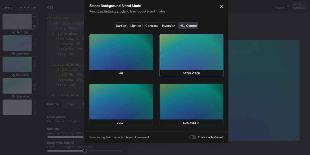 editor showing preview of blend modes on gradients
