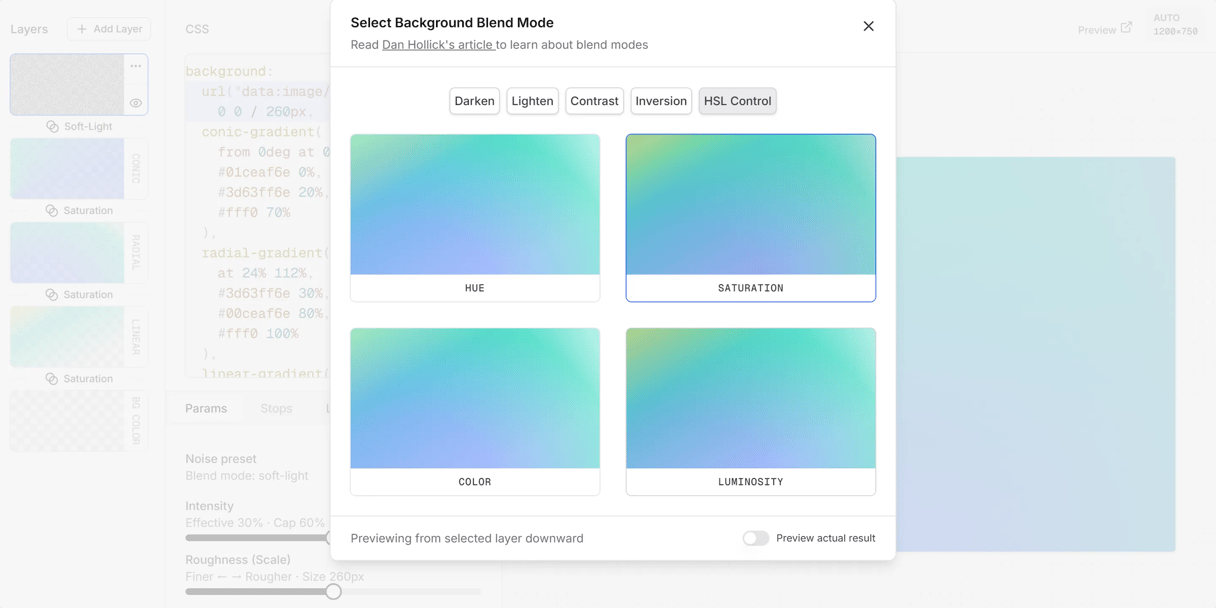 editor showing preview of blend modes on gradients
